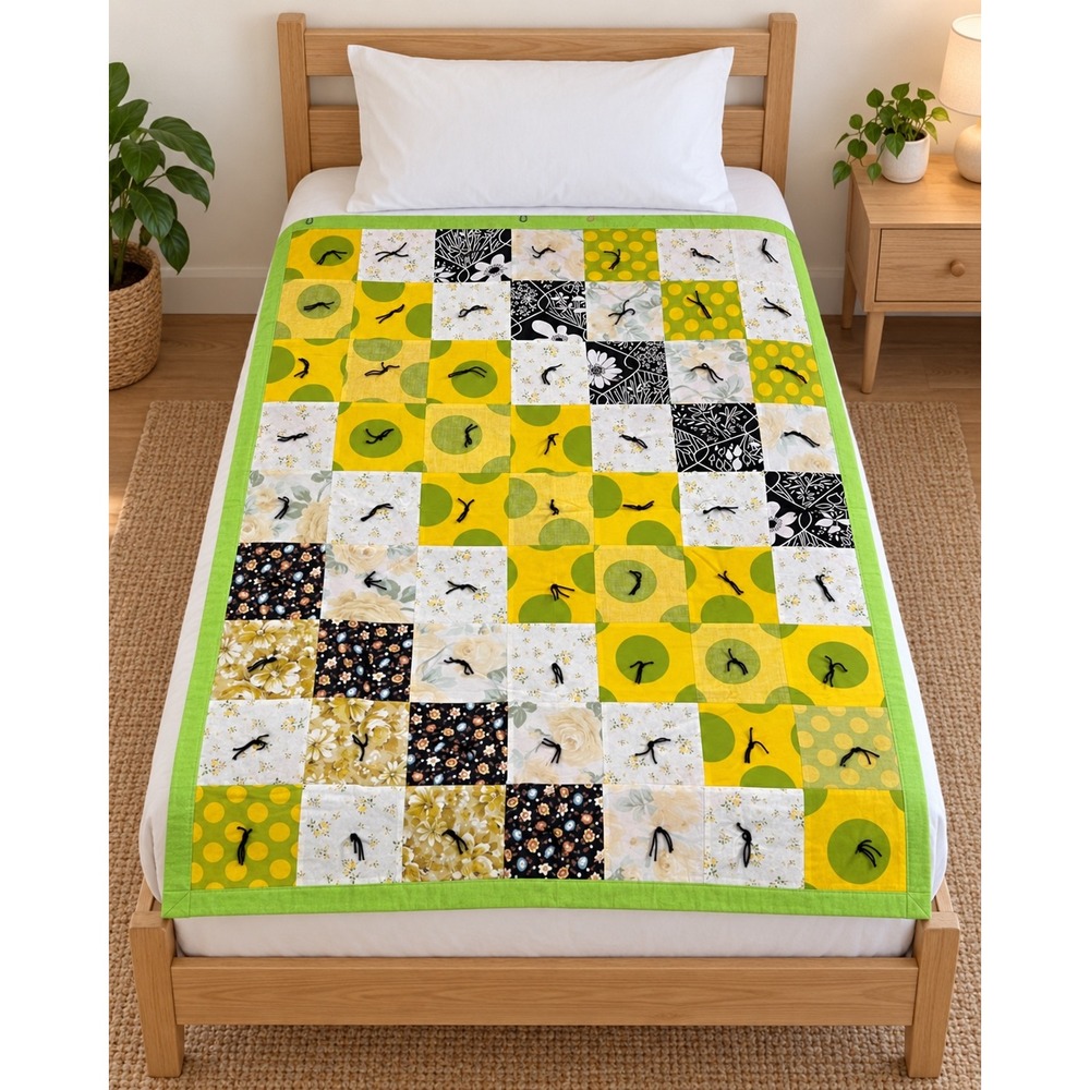 Handmade Tied Patchwork Twin Topper Quilt Yellow Green Floral 52x68
